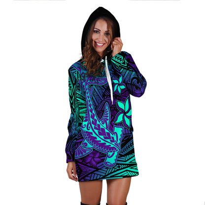 Custom Personalised Polynesian Hoodie Dress Purple Paradise Hawaiian Tribal Hammerhead Shark