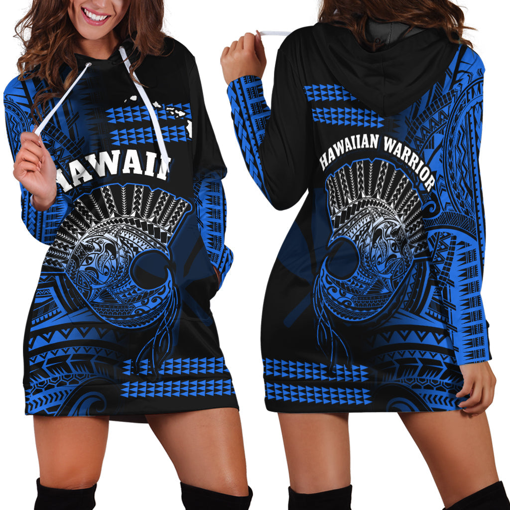 Hawaii Hoodie Dress Kakau Warrior Helmet Gradient Blue Polynesian