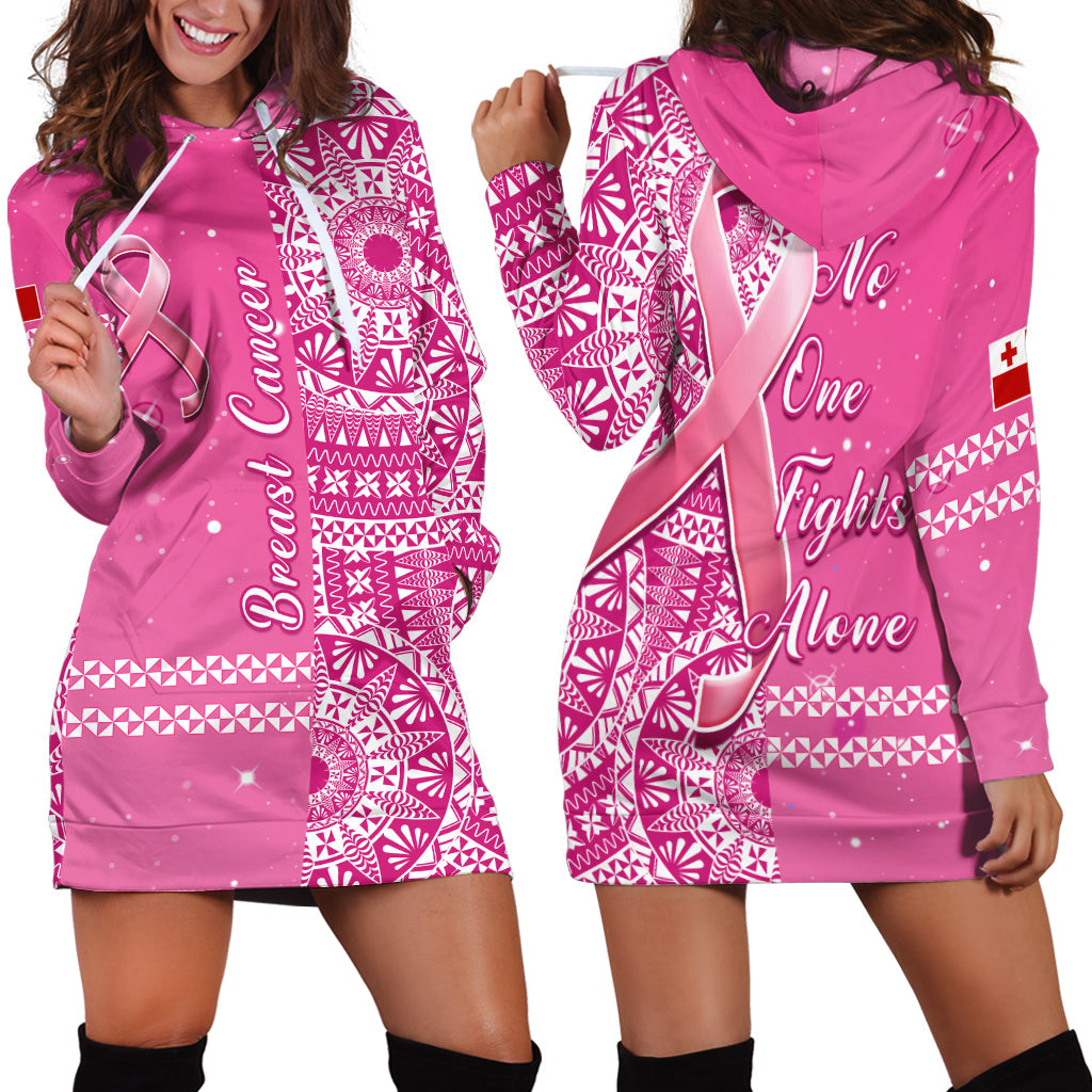 Tonga Breast Cancer Hoodie Dress Tongan Ngatu Pattern No One Fights Alone