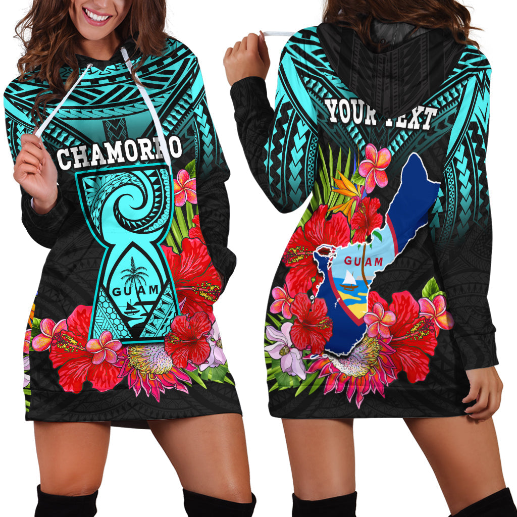 Custom Personalised Guam Chamorro Hoodie Dress Guaman Latte Stone Tropical Flowers Turquoise Style