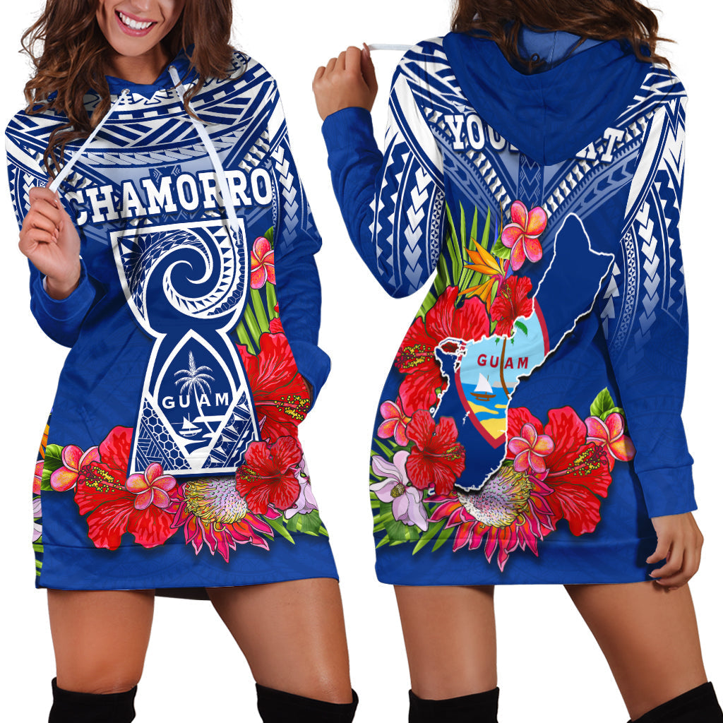 Custom Personalised Guam Chamorro Hoodie Dress Guaman Latte Stone Tropical Flowers Blue Version