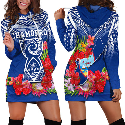 Custom Personalised Guam Chamorro Hoodie Dress Guaman Latte Stone Tropical Flowers Blue Version