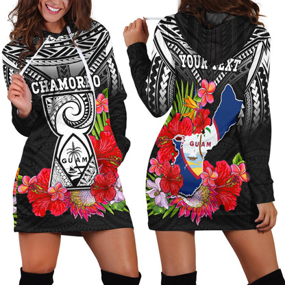 Custom Personalised Guam Chamorro Hoodie Dress Guaman Latte Stone Tropical Flowers Black Style