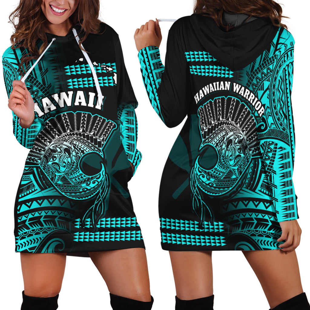 Hawaii Hoodie Dress Kakau Warrior Helmet Gradient Turquoise Polynesian