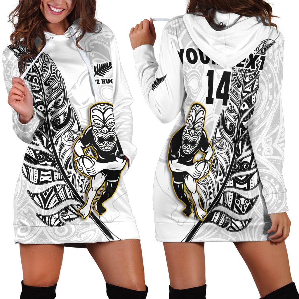 Custom Text And Number New Zealand Silver Fern Rugby Hoodie Dress All Black Maori Version White