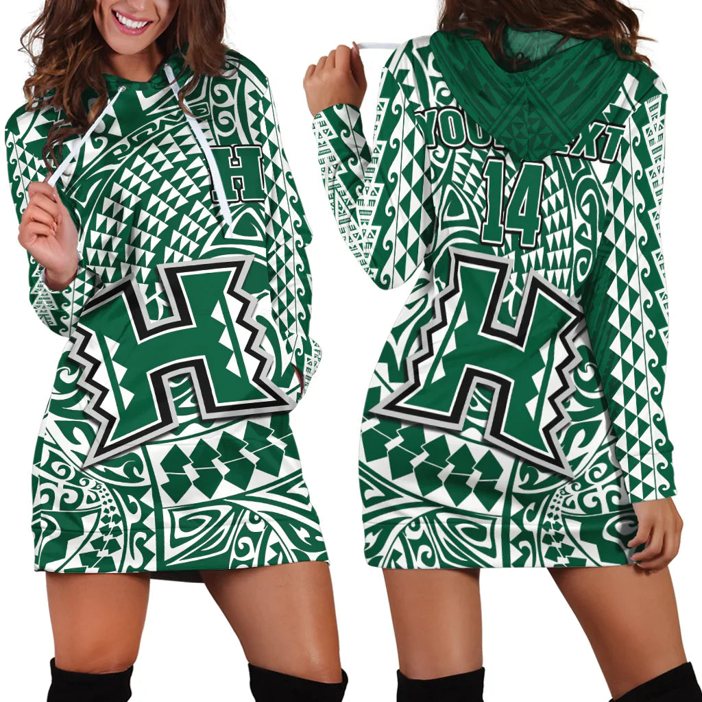 Custom Text And Number Hawaii Football Hoodie Dress Rainbow Warriors Tribal Kakau