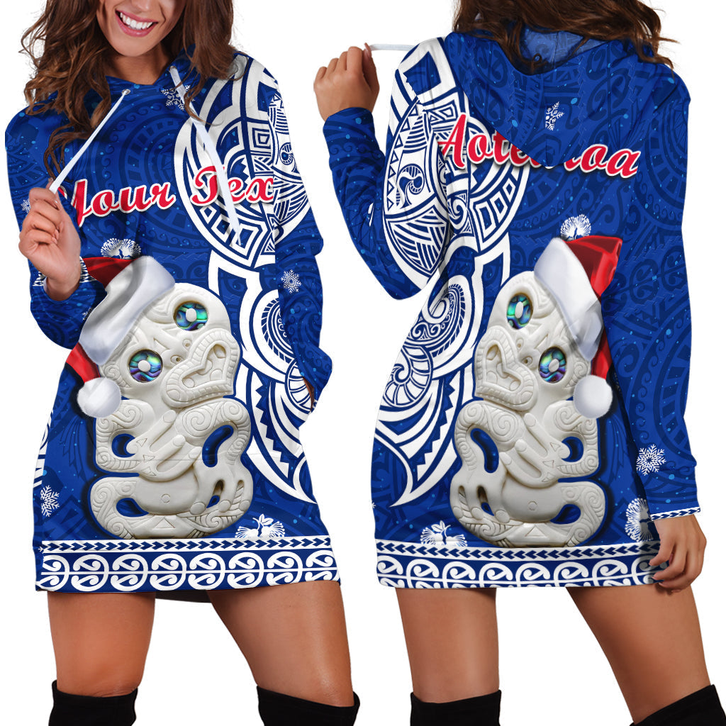 Custom Personalised New Zealand Christmas Hoodie Dress Hei Tiki Blue Pohutukawa Meri Kirihimete