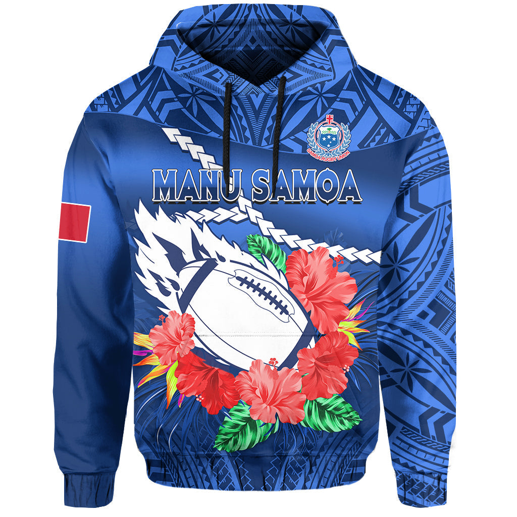 Samoa Rugby Hoodie Manu Samoa Polynesian Hibiscus Blue Style