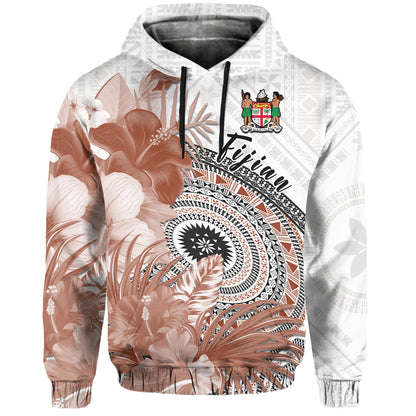 Fiji Tapa Hoodie White Fijian Masi Be Loved Hibiscus
