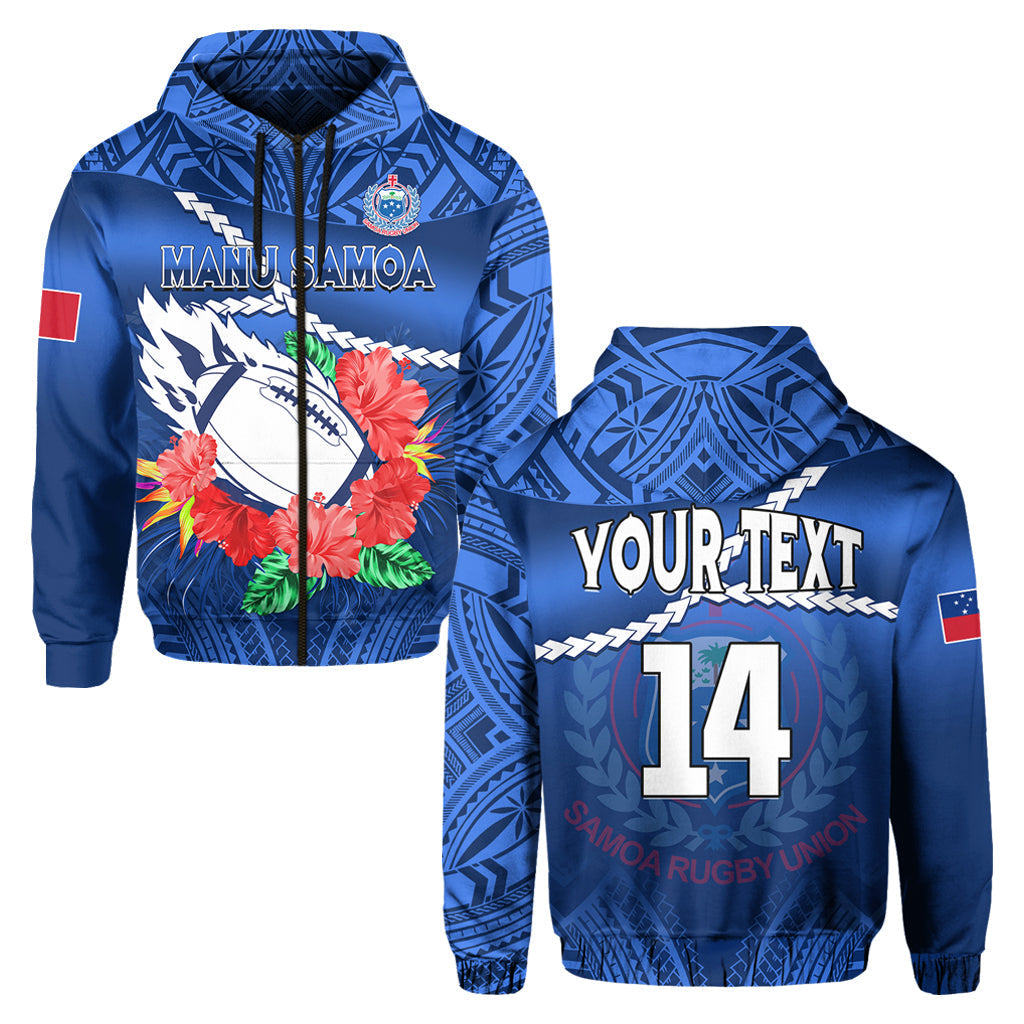 Custom Text Samoa Rugby Hoodie Manu Samoa Polynesian Hibiscus Blue Style Zip Up Hoodie