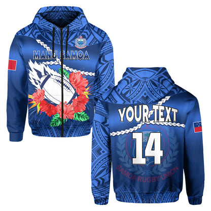 Custom Text Samoa Rugby Hoodie Manu Samoa Polynesian Hibiscus Blue Style Zip Up Hoodie