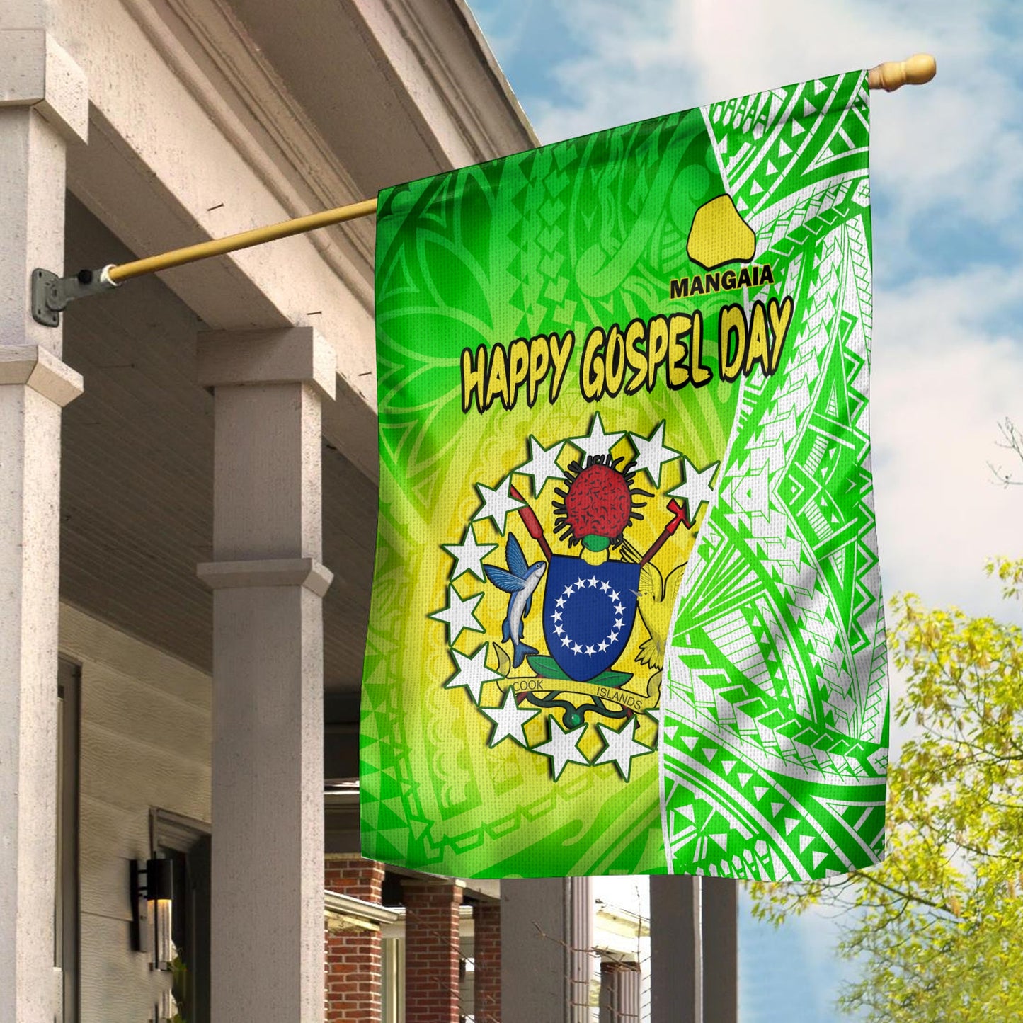 Happy Mangaia Gospel Day Flag Cook Islands Coat Of Arms Polynesian Pattern