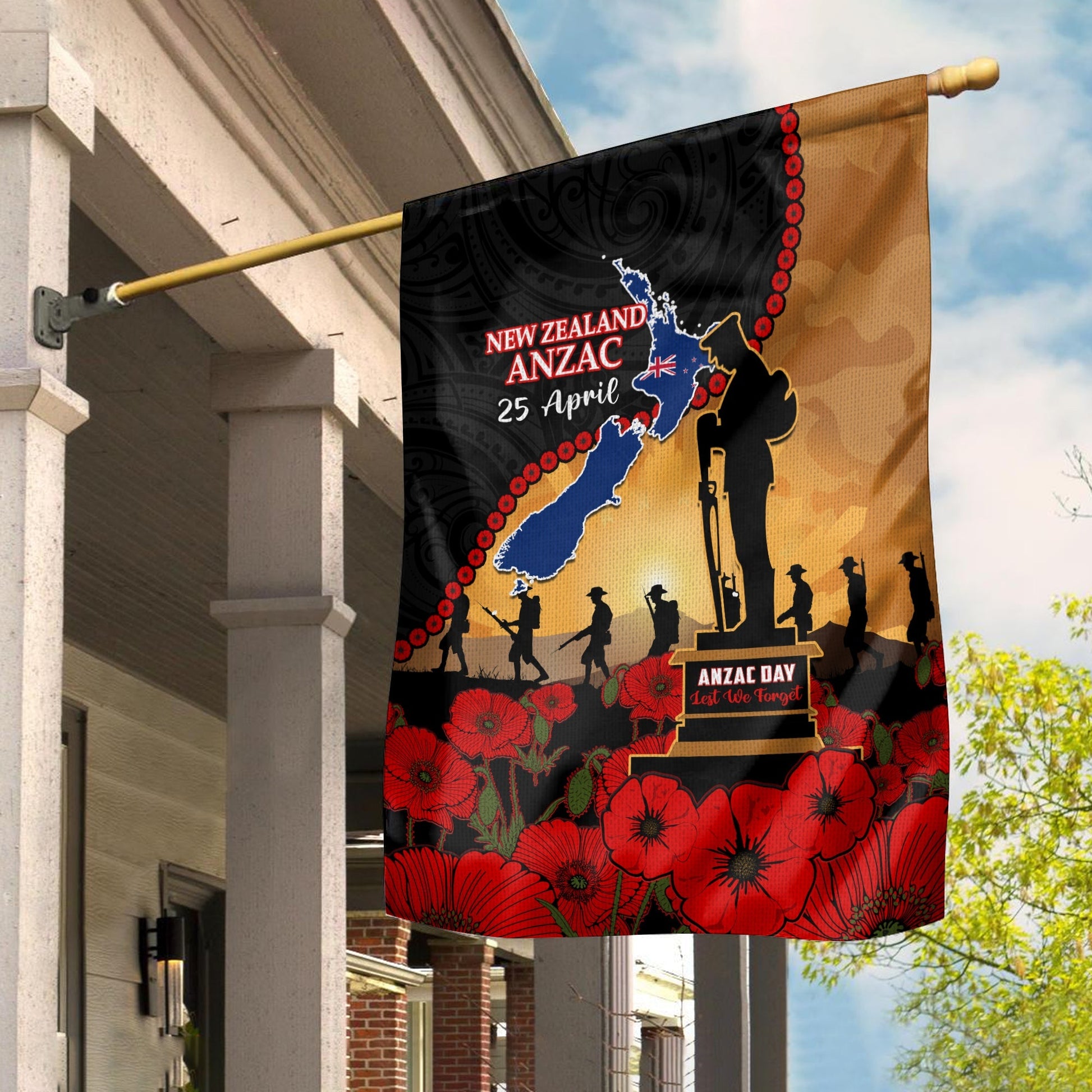 New Zealand Anzac Flag Maori Camouflage Mix Poppies We Will Remember Them Ver.02