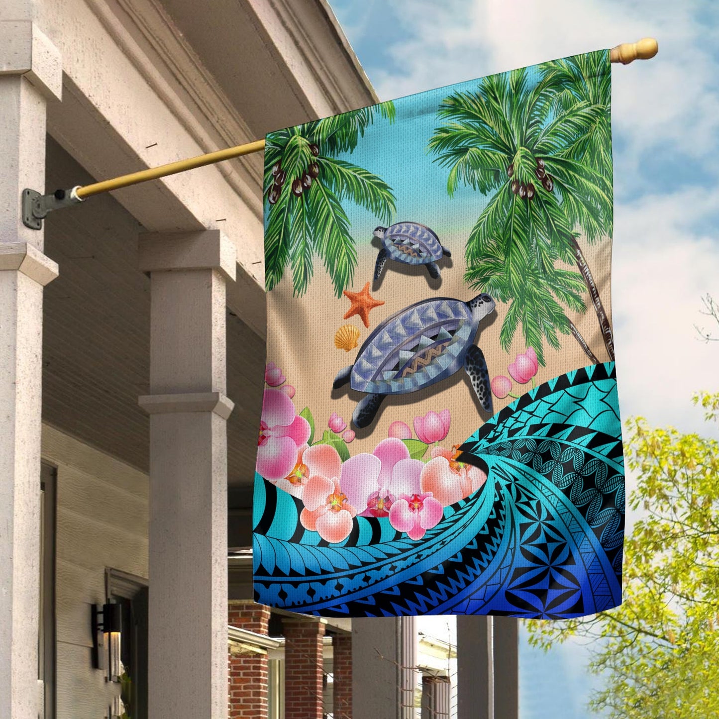 Polynesian Turtle Coconut Tree And Orchids Flag