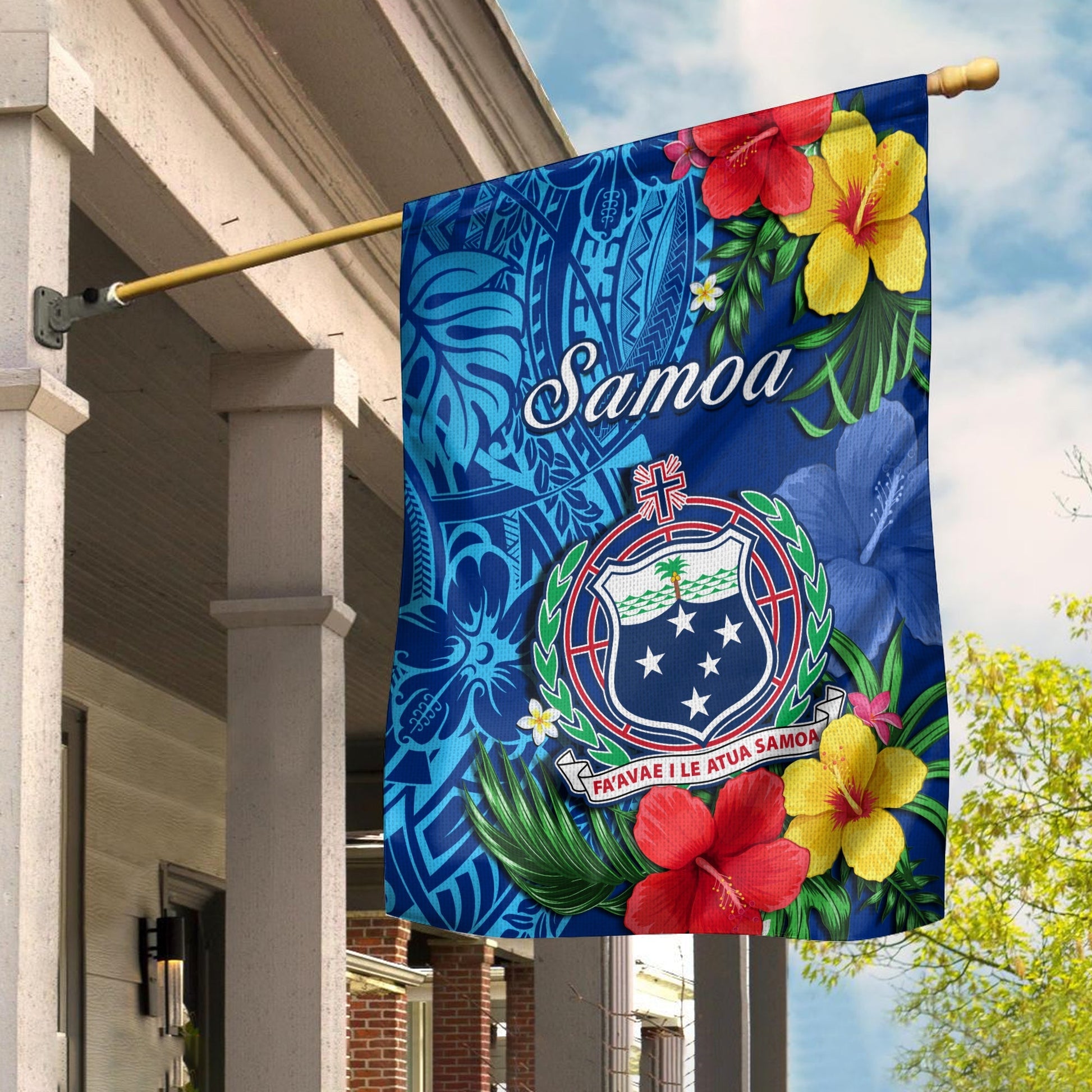 Samoa Flag Coat Of Arms Mix Tropical Flowers