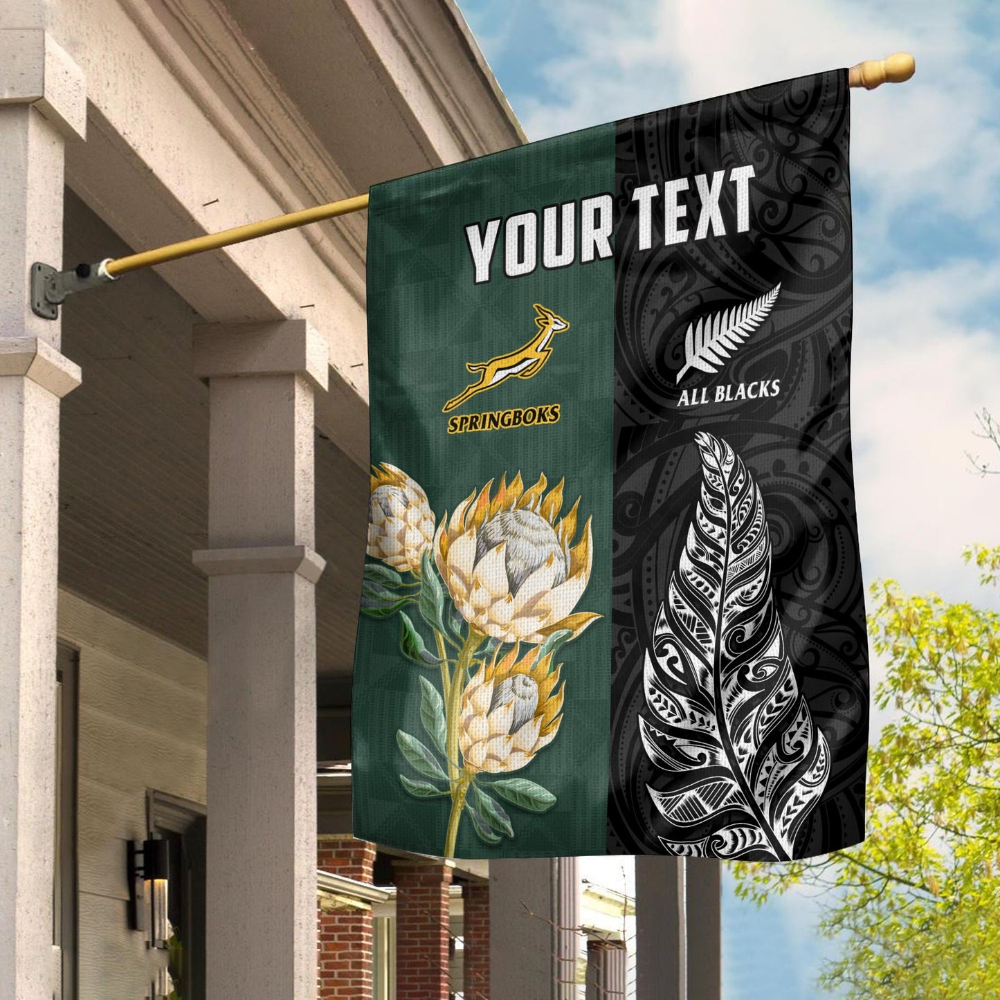 (Custom Personalised) South Africa Protea and New Zealand Fern Flag Rugby Go Springboks vs All Black