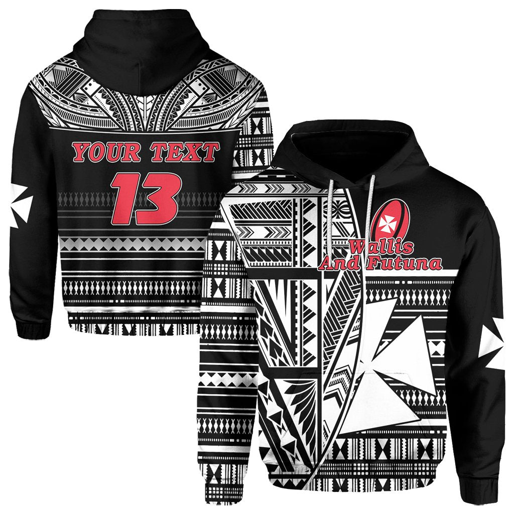 Custom Text  Wallis and Futuna Rugby Hoodie Polynesian Clever Black Custom Text and Number