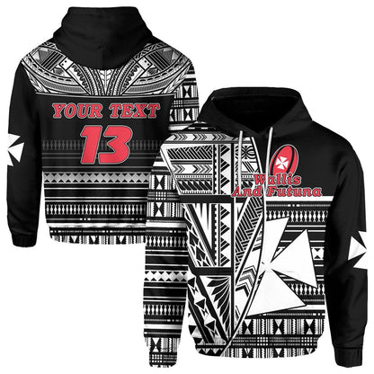Custom Text  Wallis and Futuna Rugby Hoodie Polynesian Clever Black Custom Text and Number