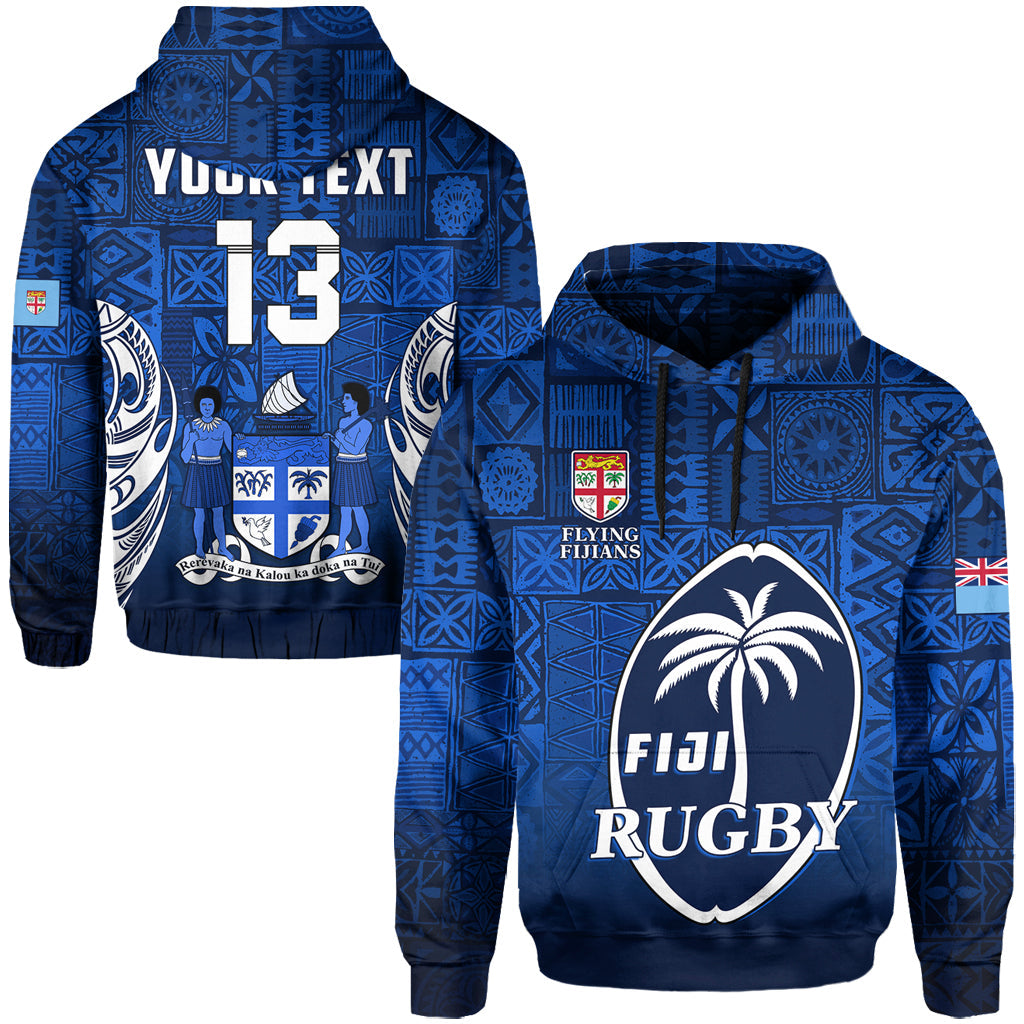( Text and Number) Fiji Rugby Hoodie Flying Fijians Blue Tapa Pattern