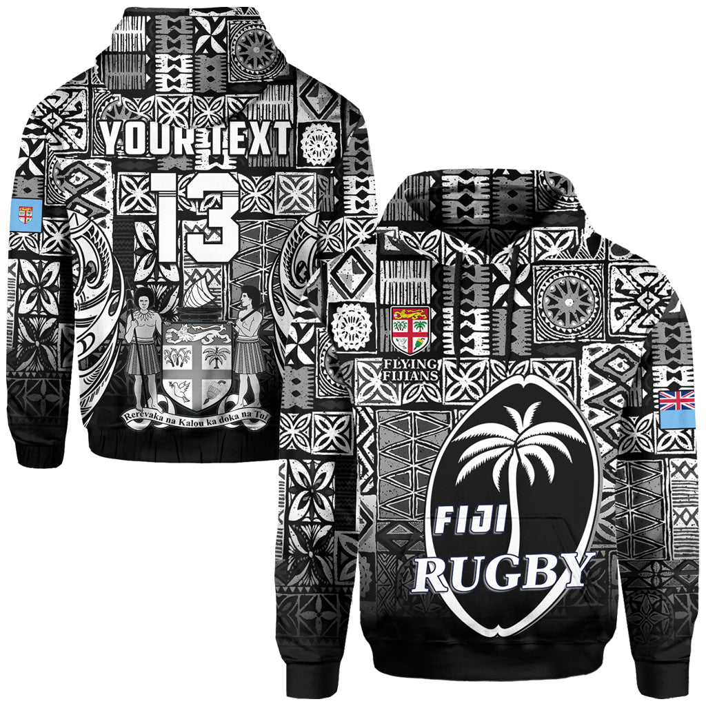 ( Text and Number) Fiji Rugby Hoodie Flying Fijians Black Tapa Pattern
