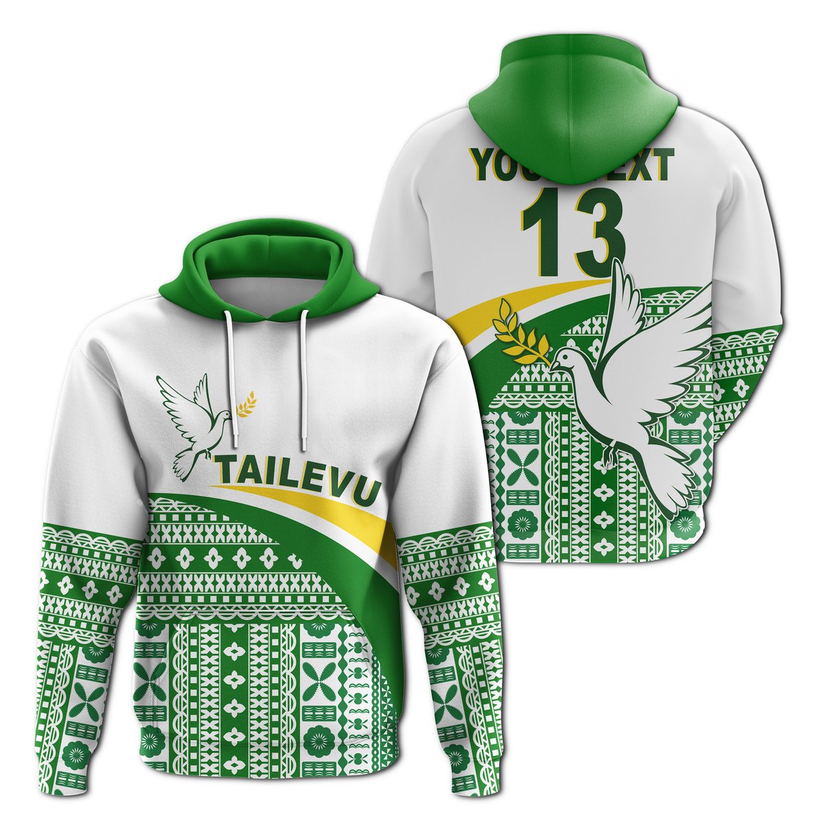 ( Text and Number) Tailevu Rugby Hoodie Fiji Rugby Tapa Pattern White