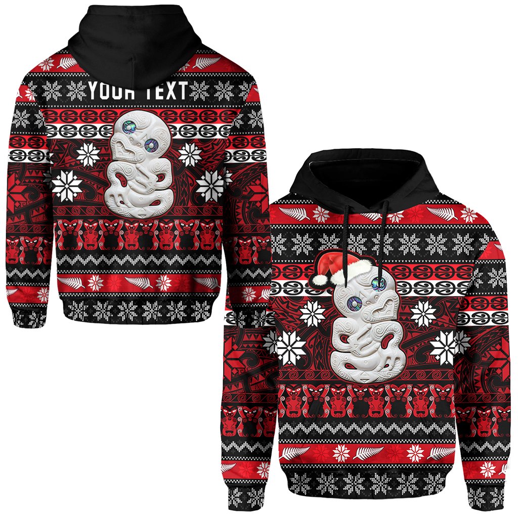 Custom Text New Zealand Hei Tiki Christmas Hoodie Personalised Maori Meri Kirihimete Zip Up Hoodie
