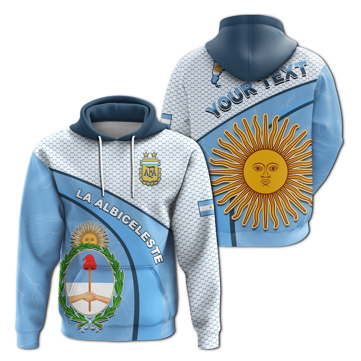 Custom Argentina Football 2022 Hoodie Champions Blue Sky May Sun