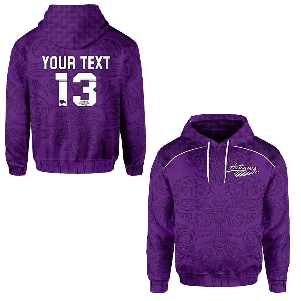( Personalised) Maori 2021 Hoodie Purple Aotearoa Tattoo Text and Number