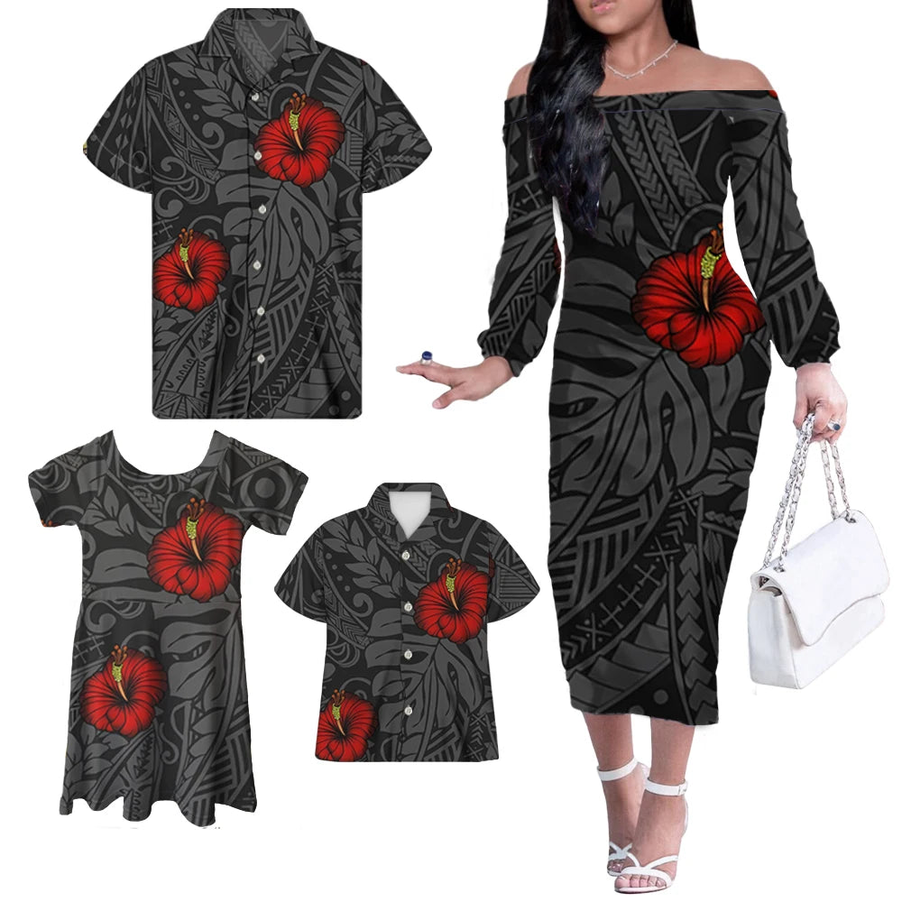 Polynesian Tribal Pattern Hibiscus Matching Family Outfit Dress Long Sleeve Dress For Her And Tropical Hawaiian Shirt For Him