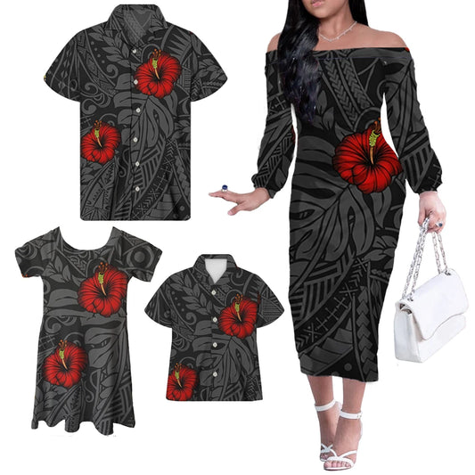 Polynesian Tribal Pattern Hibiscus Matching Family Outfit Dress Long Sleeve Dress For Her And Tropical Hawaiian Shirt For Him