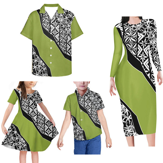 Green Geometric Polynesian Matching Family Outfits Bodycon Long Sleeve Dress For Her And Shirt For Him Girl Dress Kids