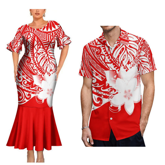 Polynesian Printed Flower Pattern Couple Outfit Polynesian Red Women's Short-Sleeved Dress Party Hawaiian Shirt For Men