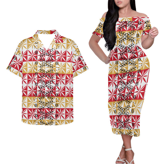 Polynesian Tribal Geometric Pattern Couple Outfits Pacific Tropical Island Hung Short Sleeved Dress And Hawaiian Shirt For Her Him