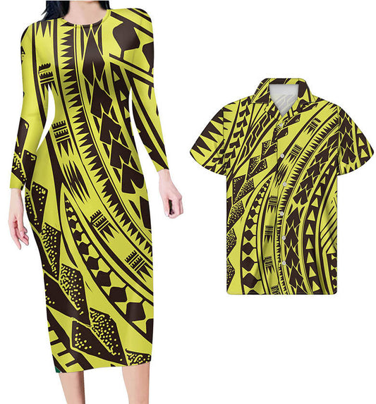 Hawaii Matching Outfits For Couples Polynesian Tribal Yellow Black Bodycon Dress And Hawaii Shirt
