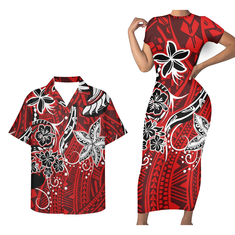 Polynesian Tribal Tropical Pattern Matching Outfit For Couple Polynesian Tribal Tight Short Sleeve Dress And Hawaiian Shirt Couple Set