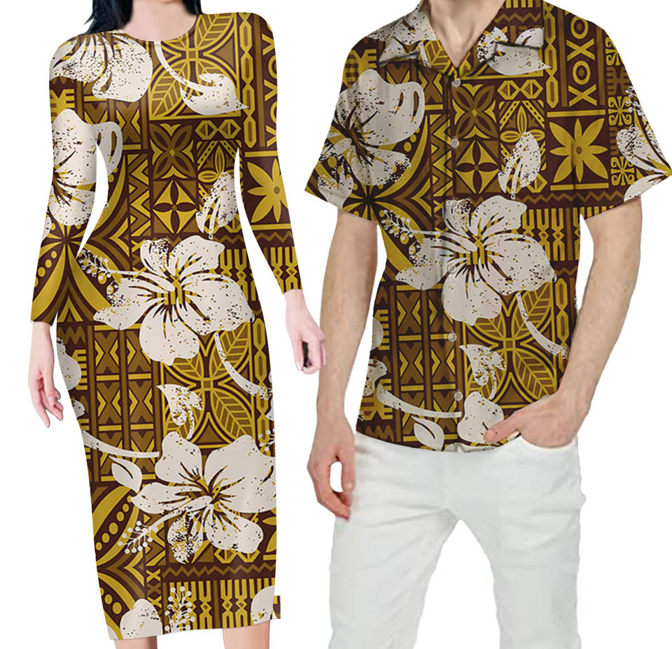 Matching Outfit For Couples Hibiscus Flowers Hawaii Polynesian Tribal Bodycon Dress And Hawaii Shirt