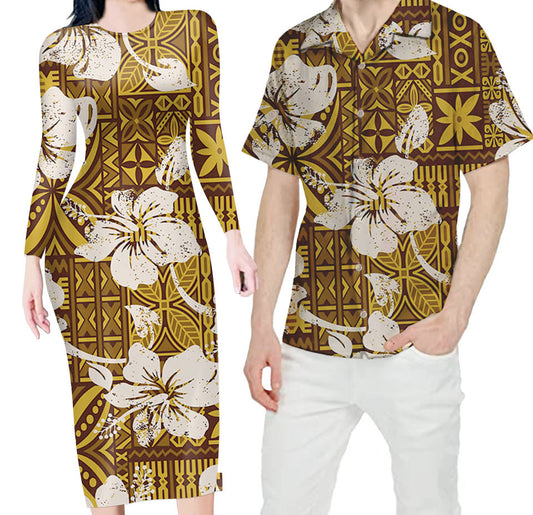 Matching Outfit For Couples Hibiscus Flowers Hawaii Polynesian Tribal Bodycon Dress And Hawaii Shirt
