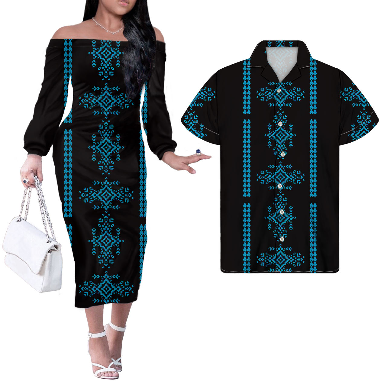Polynesian Tribal Blue Pattern Tropical Pattern Couple Matching Outfits Men Shirts and Dress Off Shoulder Long Dress