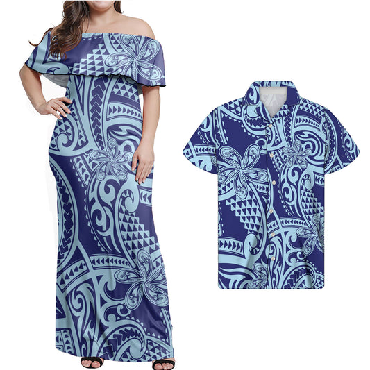 Hawaii Flowers Pattern Polynesian Combo Blue Dress and Hawaiian Shirt Matching Couples Outfit
