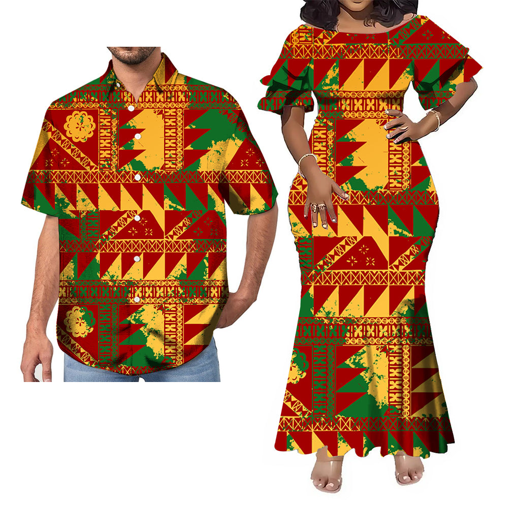 Polynesian Geometric Pattern Vintage Fishtail Skirt Dress And Shirt Couple Set Outfit