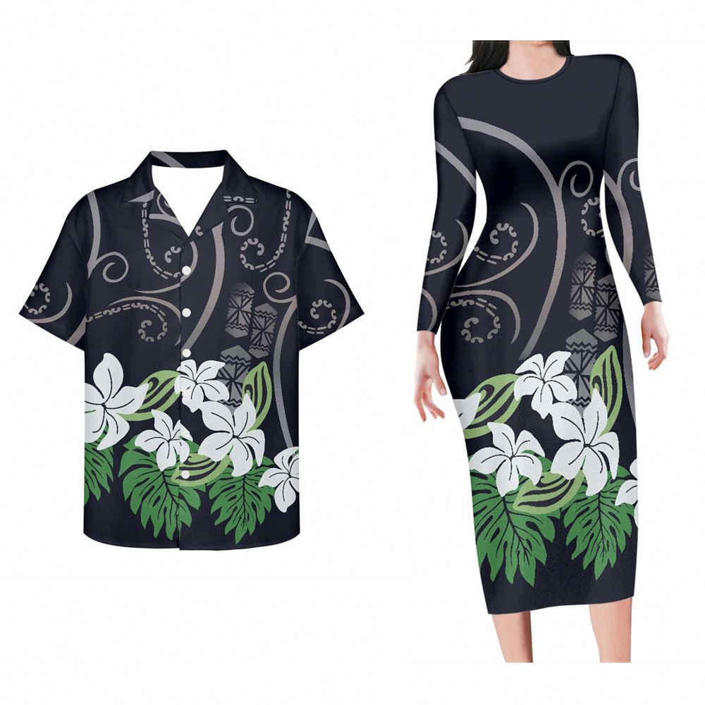 Polynesian Tribal Flowers Pattern Bodycon Dress And Hawaii Shirt Island Matching Outfit For Couple