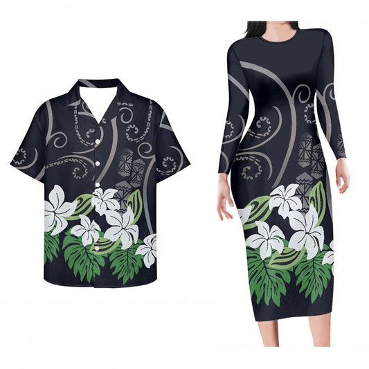 Polynesian Tribal Flowers Pattern Bodycon Dress And Hawaii Shirt Island Matching Outfit For Couple