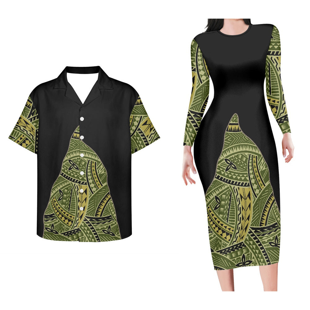 Polynesian Tribal Pattern Matching Outfit For Couple  Bodycon Dress And Hawaii Shirt Island Outfit Set