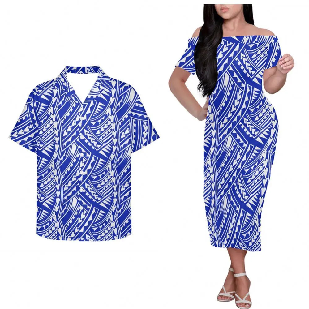 Polynesian Clothing Dress Tribal Matching Outfit For Couple Printed Polynesian Hung Short Sleeved Dress And Hawaiian Shirt