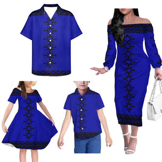 Polynesian Tribal Pattern Matching Outfit For Family Blue Dress Hawaiian Shirt For Her Him
