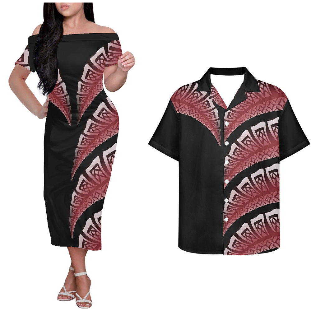 Polynesian Tribal Island Pattern Black Couple Outfits Tropical Style Hung Short Sleeved Dress And Hawaiian Shirt Couple Set