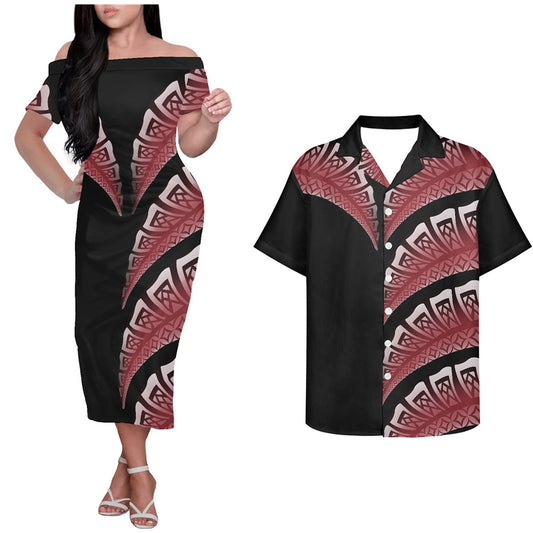 Polynesian Tribal Island Pattern Black Couple Outfits Tropical Style Hung Short Sleeved Dress And Hawaiian Shirt Couple Set
