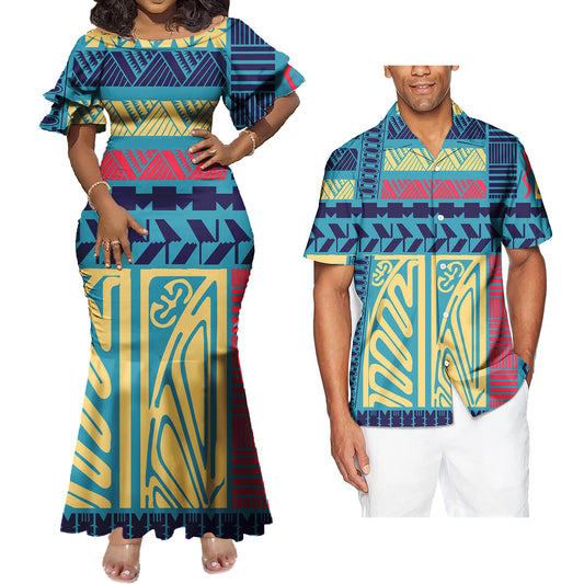 Mermaid Bodycon Dresses and Hawaiian Shirt Geometric Polynesian Pattern Matching Outfit