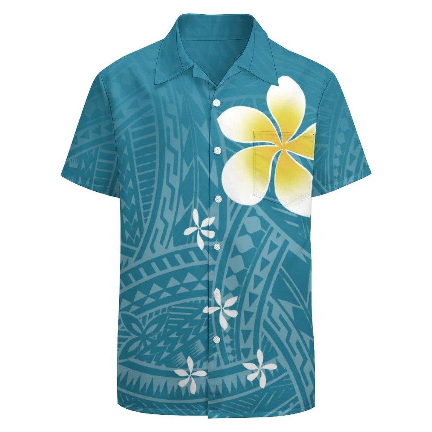 Polynesian Tribal Samoa Plumeria Flowers Pattern Hawaiian Shirt Polynesian Island Blue Hawaiian Shirt For Him