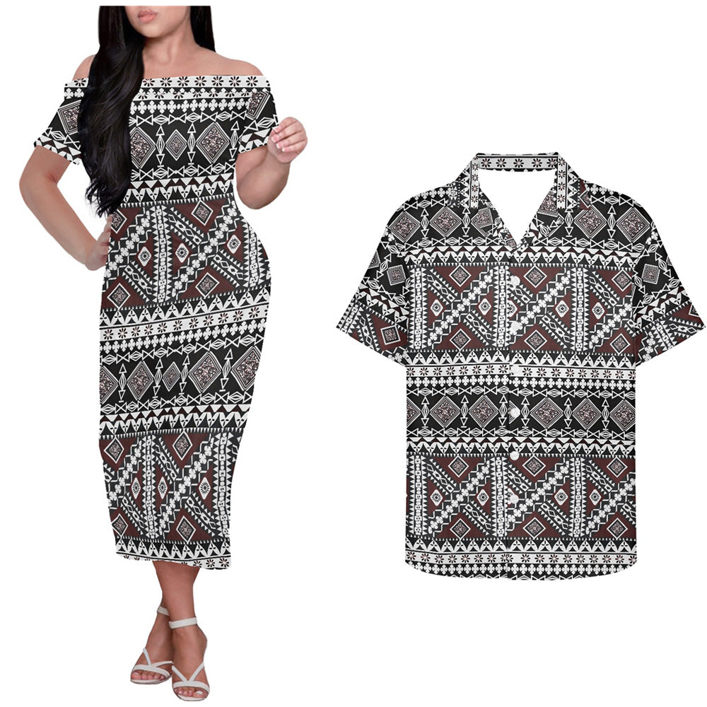 Polynesian Island Tribal Geometric Pattern Couple Outfits Tropical Style Hung Short Sleeved Dress And Hawaiian Shirt Couple Set